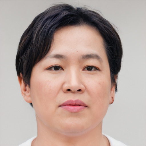 Joyful asian young-adult female with short  brown hair and brown eyes