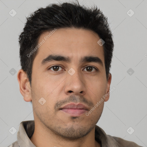 Neutral latino young-adult male with short  black hair and brown eyes