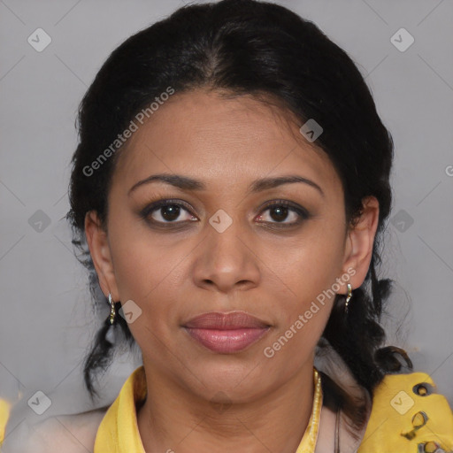 Joyful latino young-adult female with medium  brown hair and brown eyes