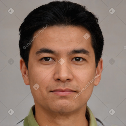 Neutral asian young-adult male with short  black hair and brown eyes