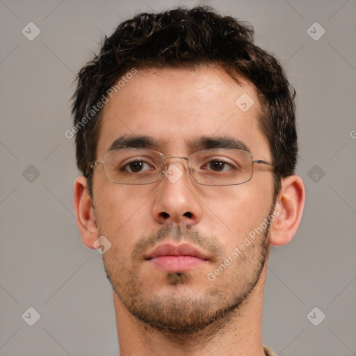 Neutral white young-adult male with short  brown hair and brown eyes