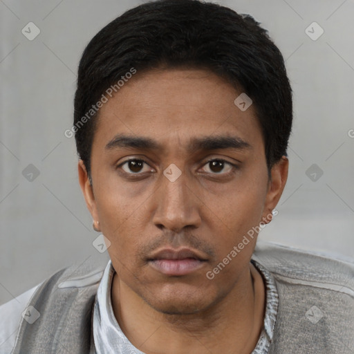 Neutral latino young-adult male with short  black hair and brown eyes