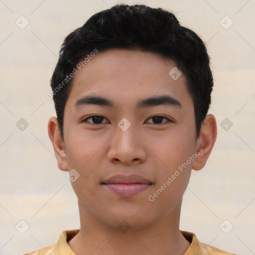 Neutral asian young-adult male with short  black hair and brown eyes