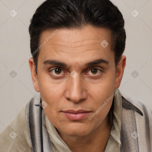 Joyful white adult male with short  brown hair and brown eyes