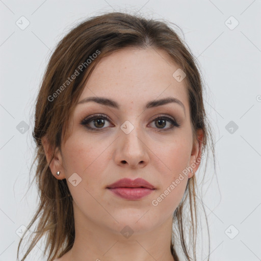 Joyful white young-adult female with long  brown hair and grey eyes