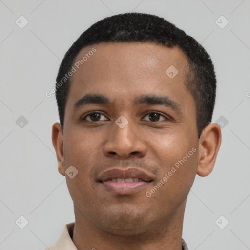Neutral latino young-adult male with short  black hair and brown eyes