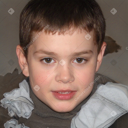 Joyful white child male with short  brown hair and brown eyes