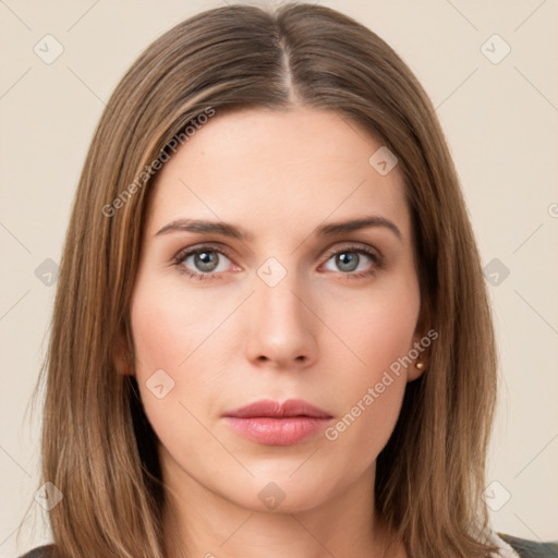 Neutral white young-adult female with long  brown hair and brown eyes