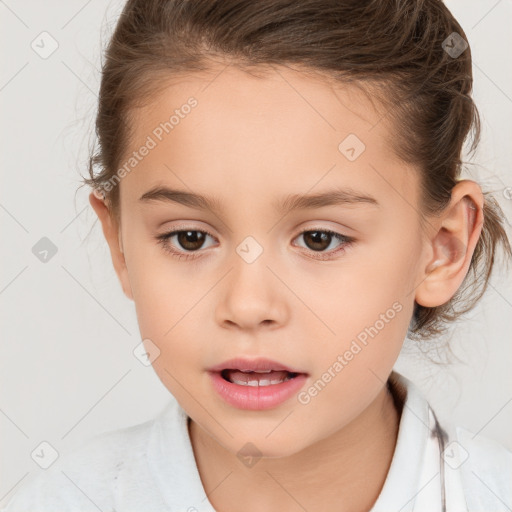 Joyful white child female with medium  brown hair and brown eyes