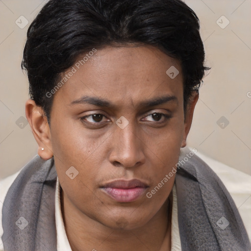 Neutral latino young-adult female with short  brown hair and brown eyes