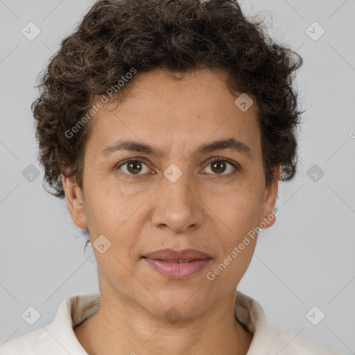 Joyful white adult female with short  brown hair and brown eyes