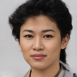 Joyful asian young-adult female with medium  black hair and brown eyes