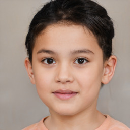 Joyful white child female with short  brown hair and brown eyes