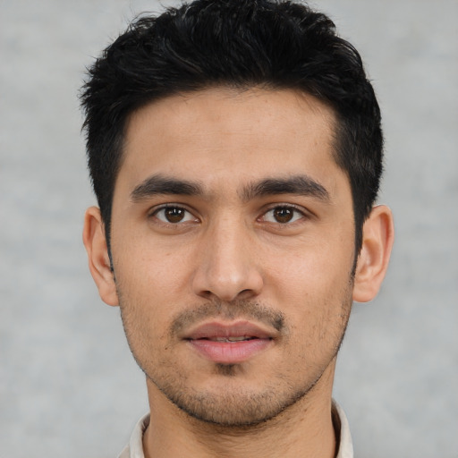 Neutral asian young-adult male with short  black hair and brown eyes