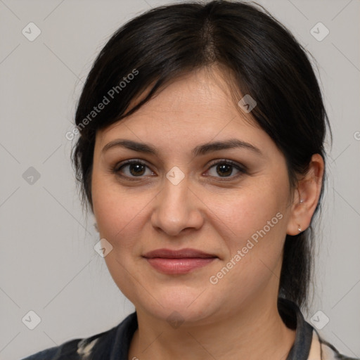 Joyful white young-adult female with medium  brown hair and brown eyes