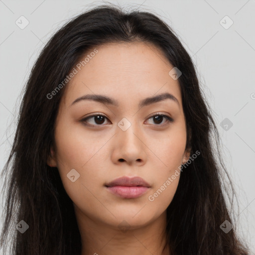 Neutral asian young-adult female with long  brown hair and brown eyes