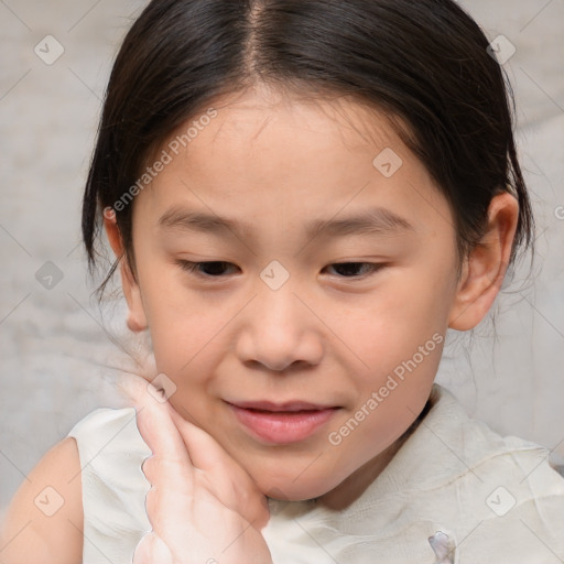 Joyful white child female with medium  brown hair and brown eyes