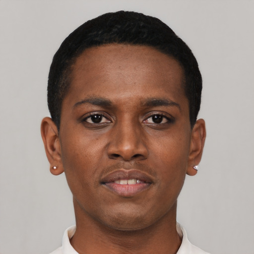 Neutral black young-adult male with short  black hair and brown eyes