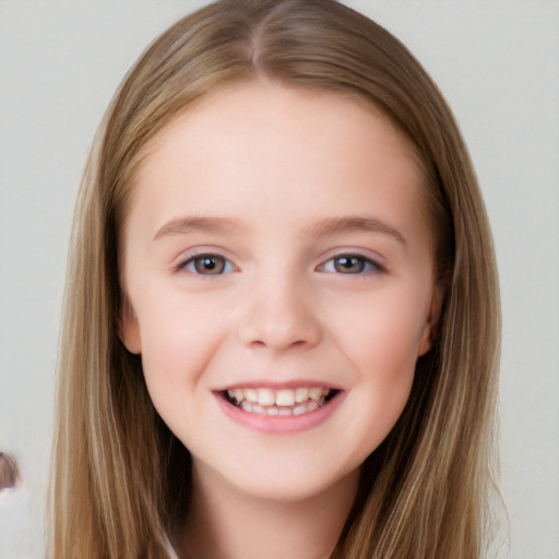 Joyful white child female with long  brown hair and brown eyes