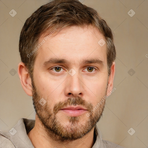 Neutral white young-adult male with short  brown hair and brown eyes