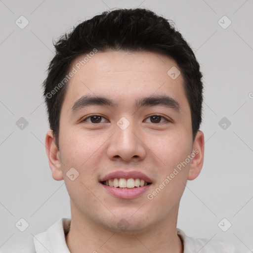 Joyful white young-adult male with short  black hair and brown eyes