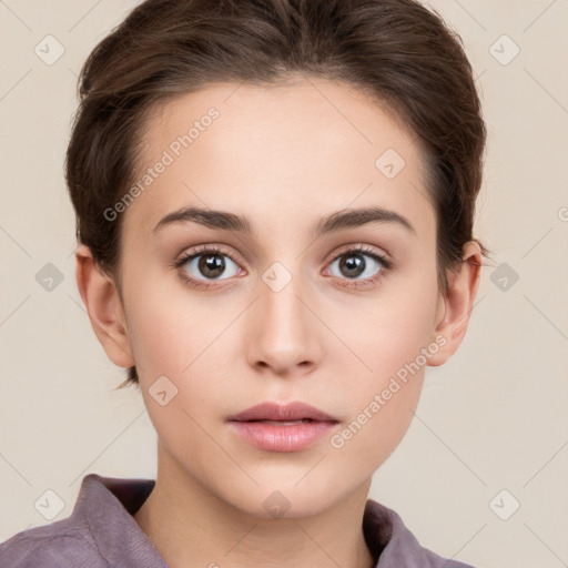 Neutral white young-adult female with medium  brown hair and brown eyes