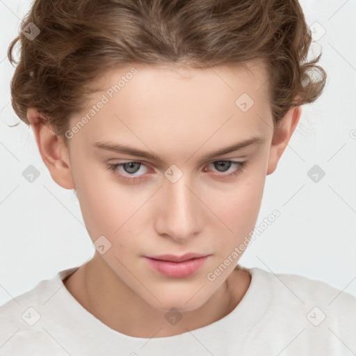 Neutral white child female with short  brown hair and grey eyes