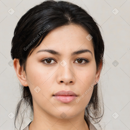 Neutral asian young-adult female with medium  black hair and brown eyes