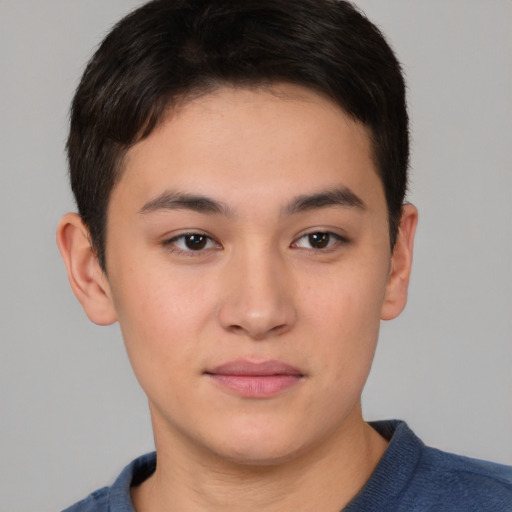 Neutral asian young-adult male with short  brown hair and brown eyes