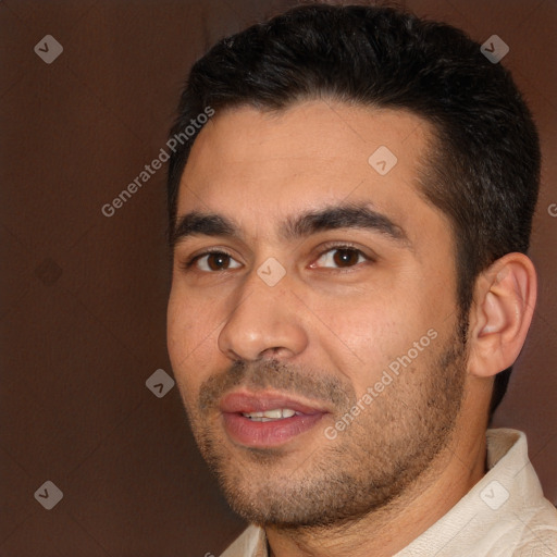 Neutral white young-adult male with short  brown hair and brown eyes