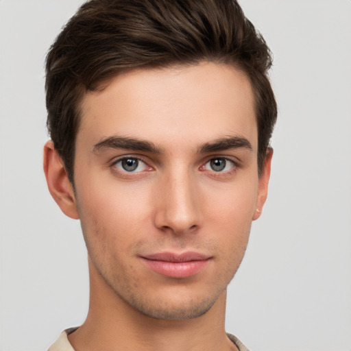 Neutral white young-adult male with short  brown hair and brown eyes