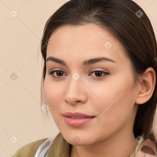 Neutral white young-adult female with long  brown hair and brown eyes