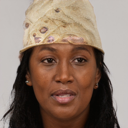 Neutral black adult female with long  brown hair and brown eyes