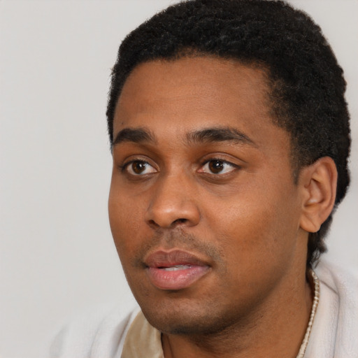 Neutral black young-adult male with short  black hair and brown eyes