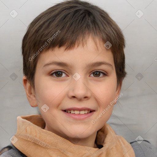 Joyful white child female with short  brown hair and brown eyes