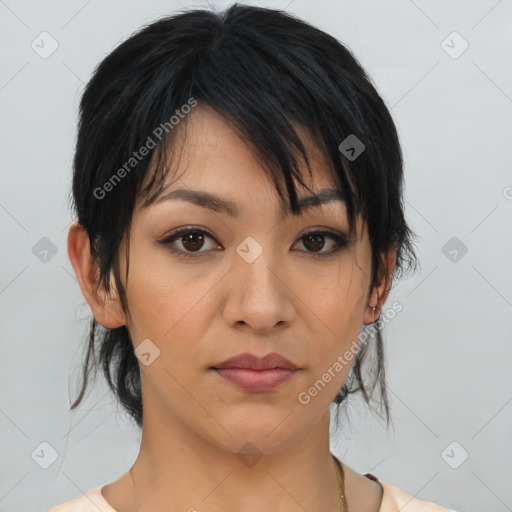 Neutral asian young-adult female with medium  black hair and brown eyes