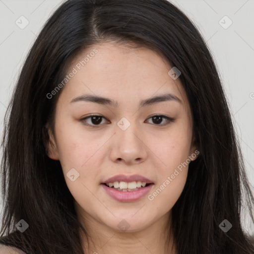 Joyful asian young-adult female with long  brown hair and brown eyes