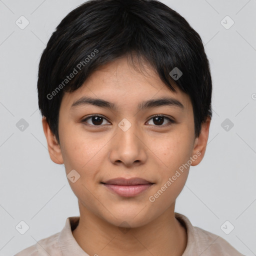 Joyful latino young-adult female with short  black hair and brown eyes