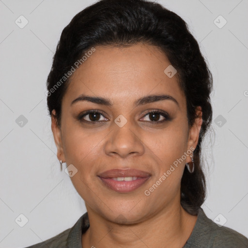 Joyful latino young-adult female with medium  black hair and brown eyes