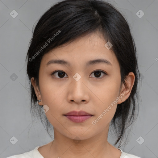 Neutral asian young-adult female with medium  black hair and brown eyes