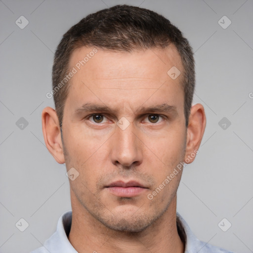 Neutral white adult male with short  brown hair and brown eyes