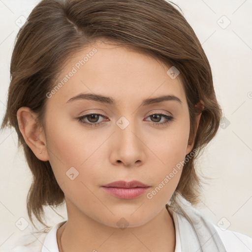 Neutral white young-adult female with medium  brown hair and brown eyes