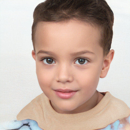 Joyful white child female with short  brown hair and brown eyes