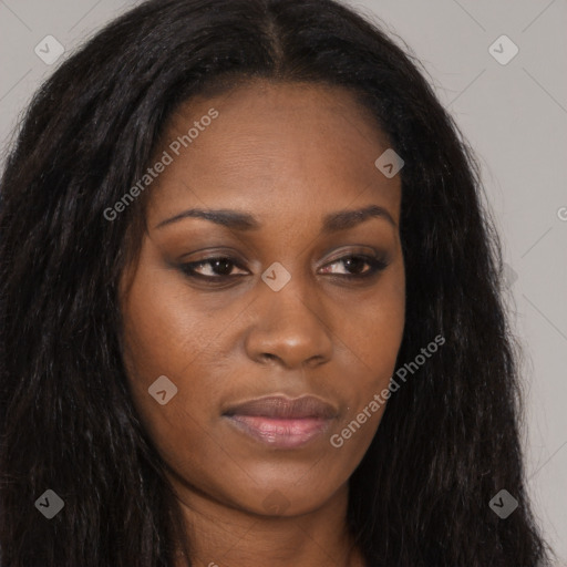 Joyful asian young-adult female with long  brown hair and brown eyes