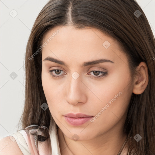 Neutral white young-adult female with long  brown hair and brown eyes