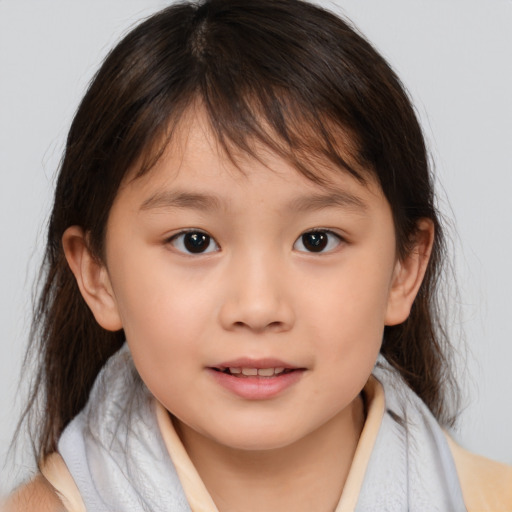 Joyful white child female with medium  brown hair and brown eyes