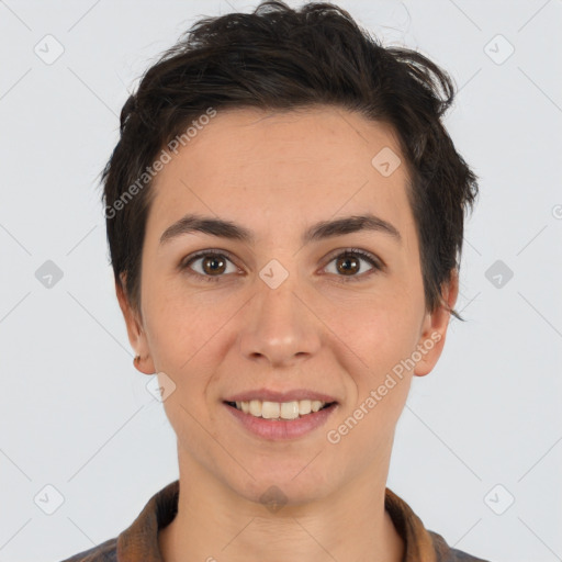 Joyful white young-adult female with short  brown hair and brown eyes