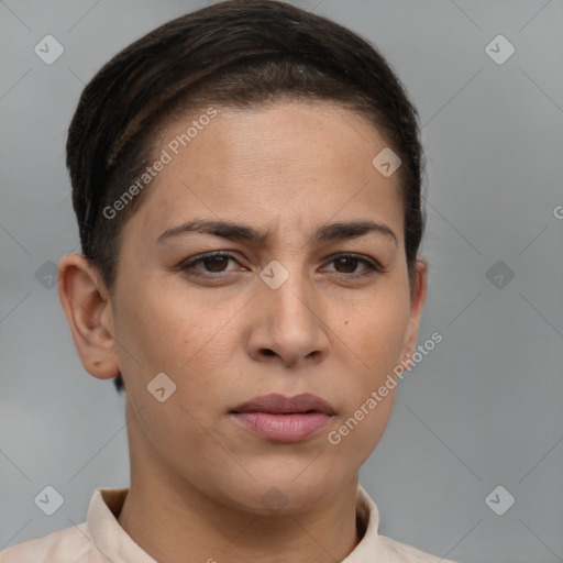 Joyful white young-adult female with short  brown hair and brown eyes