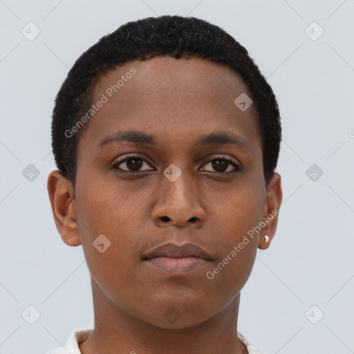 Neutral black young-adult female with short  brown hair and brown eyes