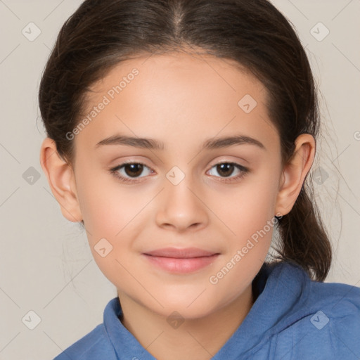 Joyful white child female with medium  brown hair and brown eyes